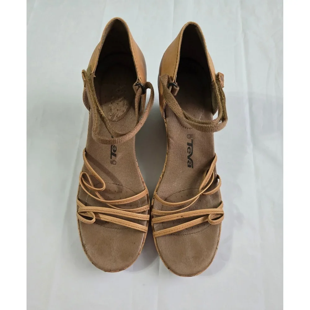 Teva Riviera Stitch Leather Cork Wedge Sandals Tan Brown 1002021 Womens 9